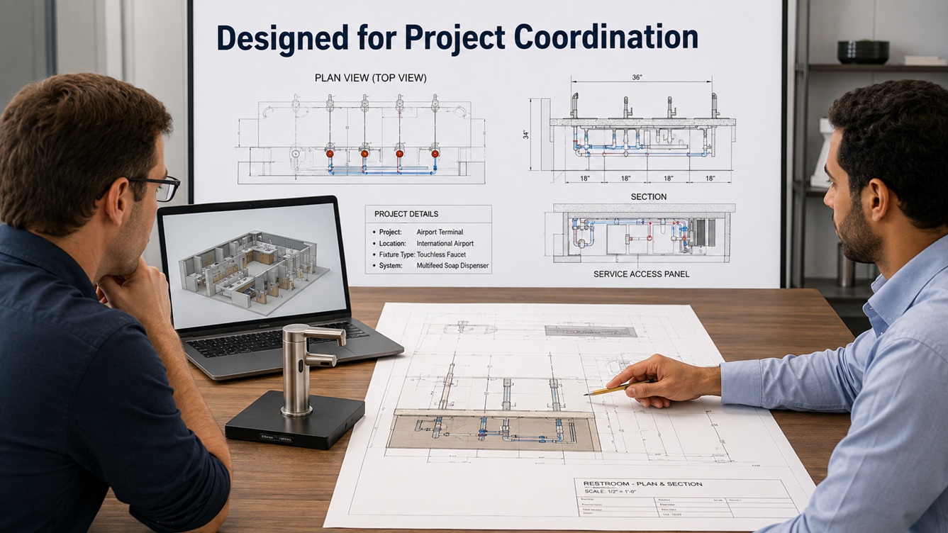 Architects, plumbing engineers, and project specialists coordinating Fontana Multifeed dispenser locations, reservoir access, tubing routes, power requirements, and commercial restroom layouts